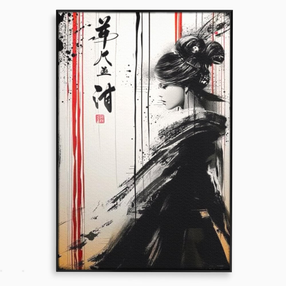 Tablou canvas cu tablou vertical cu gheisa in tus, in rama de aluminiu negru